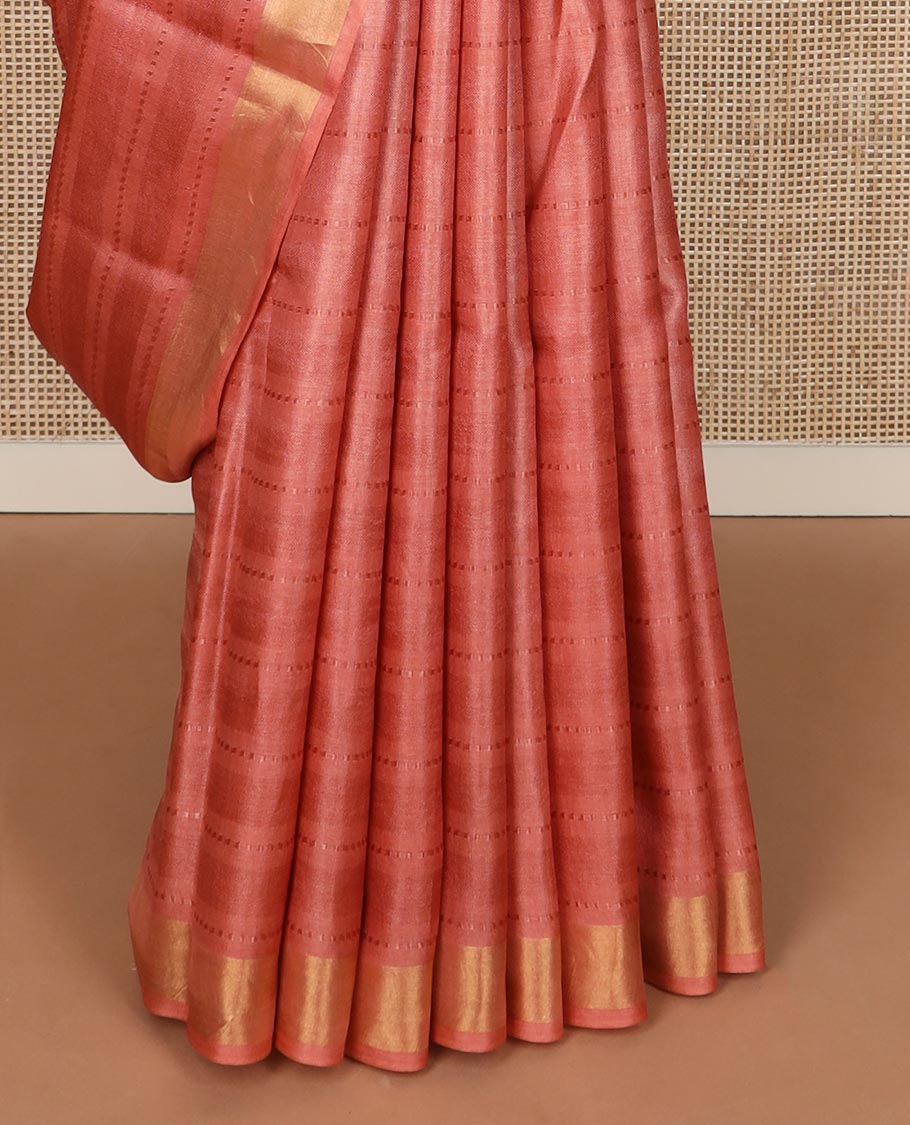Peach horizontal striped tussar silk saree, zari border and horizontal striped pallu