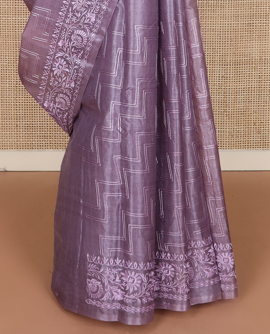 Purple maze patterned thread embroidered tussar saree, floral creeper thread embroidered border