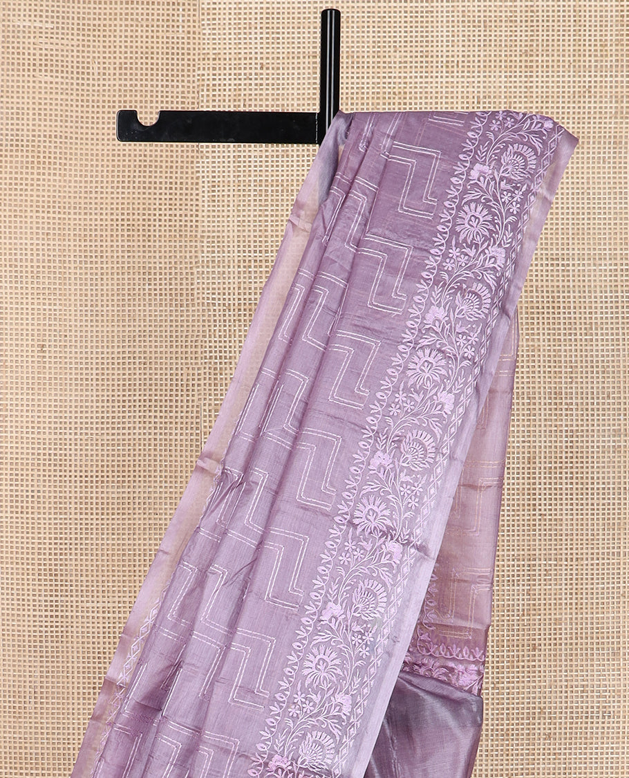 Purple maze patterned thread embroidered tussar saree, floral creeper thread embroidered border