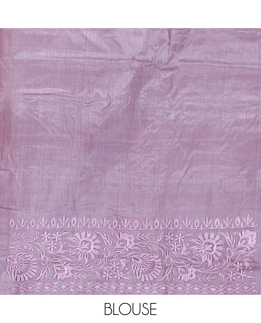 Purple maze patterned thread embroidered tussar saree, floral creeper thread embroidered border