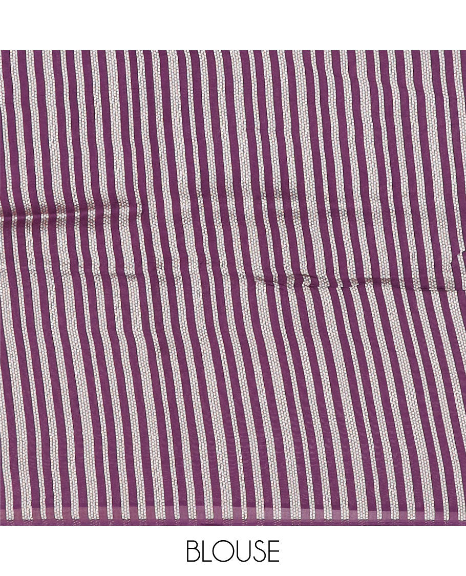 Purple Matka silk saree features rudraksham motifs, scallop floral motifs and bird embossed thread embroidery border