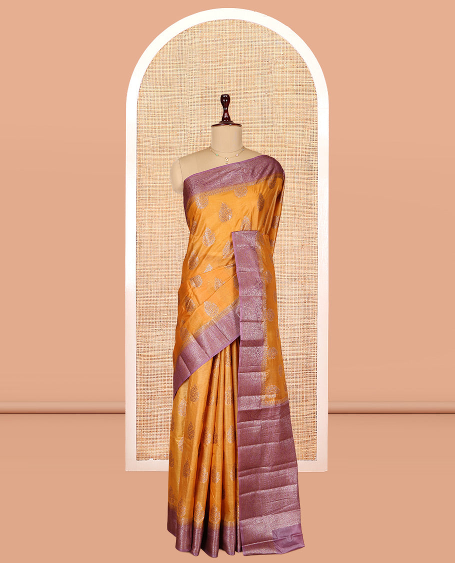 Yellow Tusser Silk Saree, Detailed with Zari Buttas, a Contrast Floral Creeper Zari Border, Grand Pallu, and a Contrast Blouse