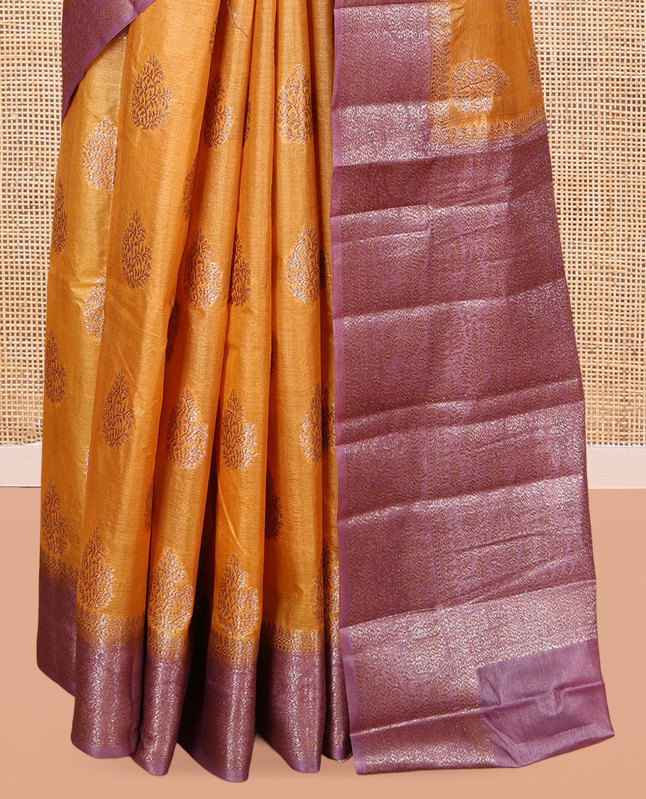 Yellow Tusser Silk Saree, Detailed with Zari Buttas, a Contrast Floral Creeper Zari Border, Grand Pallu, and a Contrast Blouse