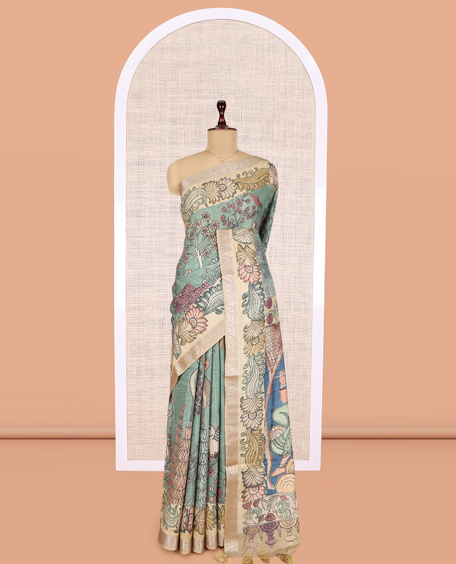 Green Kalamkari Printed Fancy Tussar Saree