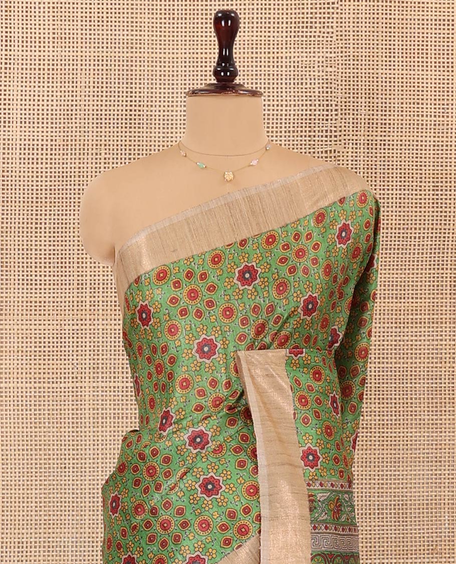 Green Tussar Silk Saree Enlivened with Ajrakh-Style Motifs Print, Complemented by Contrast Border, Pallu Featuring Floral and Geometric Print, Paired with a Contrast Blouse