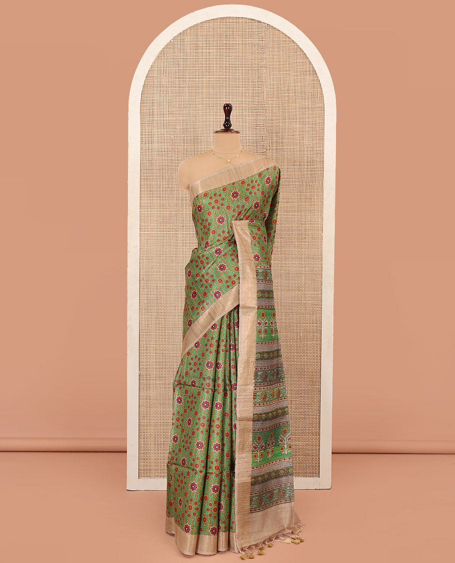 Green Tussar Silk Saree Enlivened with Ajrakh-Style Motifs Print, Complemented by Contrast Border, Pallu Featuring Floral and Geometric Print, Paired with a Contrast Blouse