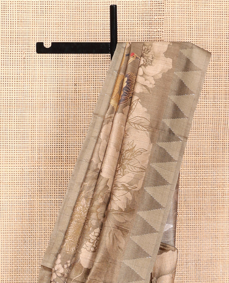 Pale Brown Tussar Silk Saree, Embellished with Floral and Bird Print on Its Body, a Temple Border, Striped Pallu, and Paired with a Matching Blouse