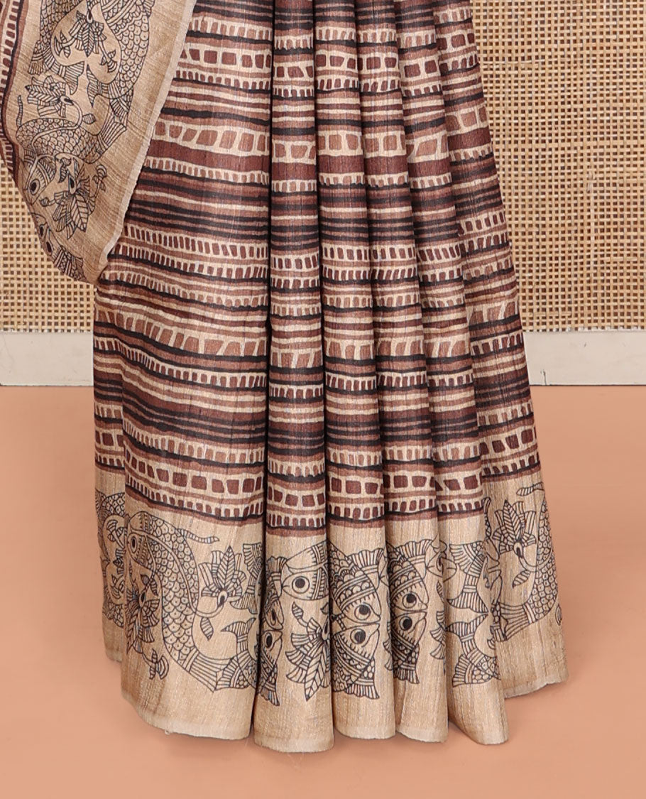 Brown Tussar Silk Saree, Impeccably Styled with Geometric Patterns, Complemented by a Contrast Fishes Printed Border, Printed Pallu, and a Contrast Blouse