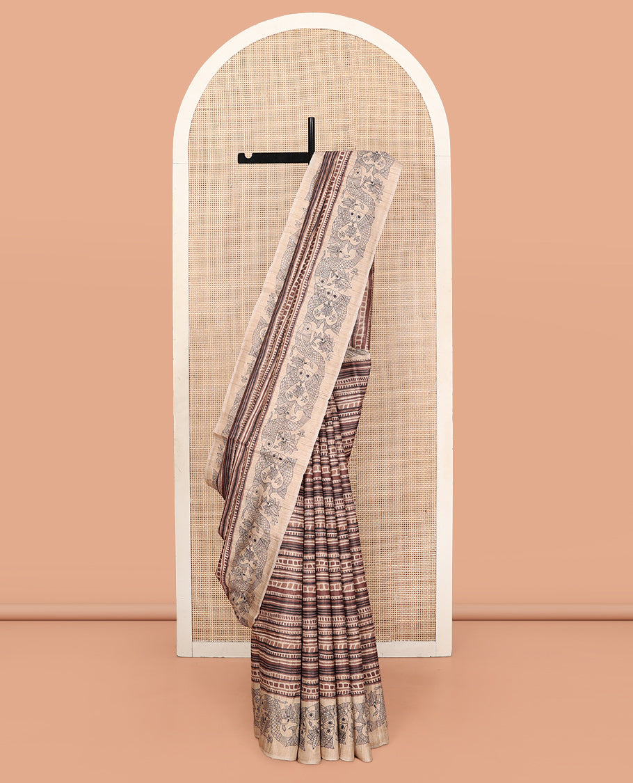 Brown Tussar Silk Saree, Impeccably Styled with Geometric Patterns, Complemented by a Contrast Fishes Printed Border, Printed Pallu, and a Contrast Blouse