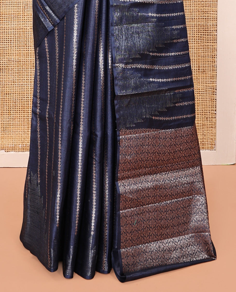 Blue Tussar Silk Saree, Majestically Detailed with Zari Stripes and Temple Design, Grand Jaal Pallu, and a Matching Blouse