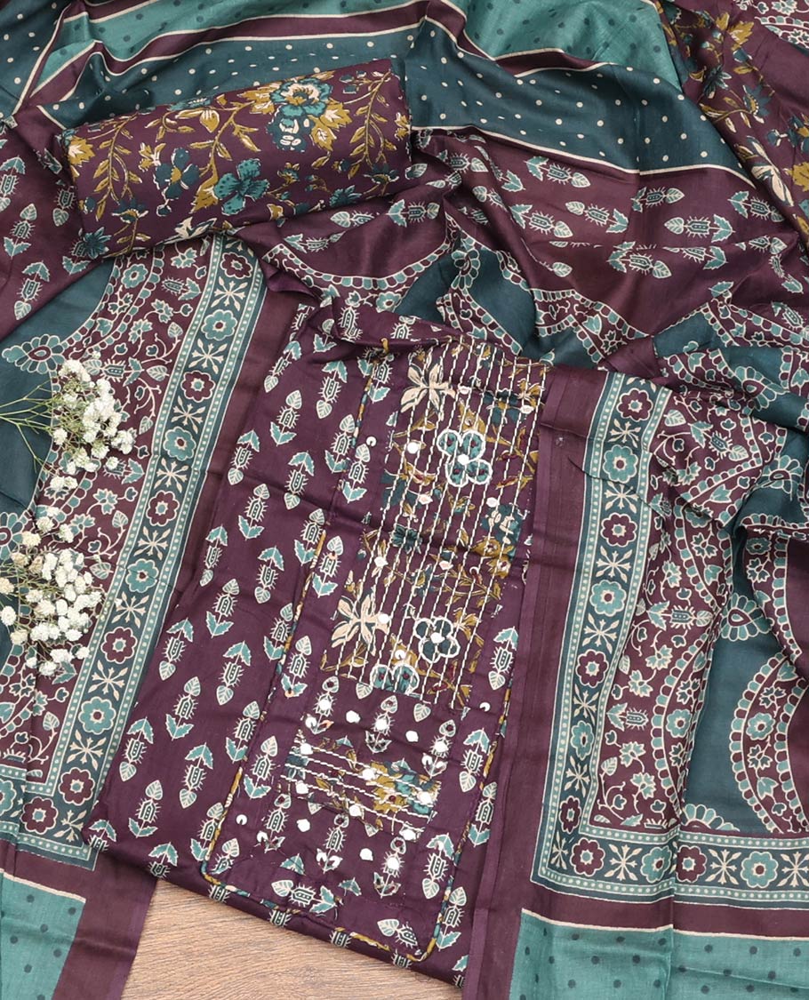 Purple Material Chudidar Set, Ornamented with Floral Block Print and Neck Work Cotton Top, a Floral Printed Cotton Bottom, and Paired with Floral Printed Dupatta