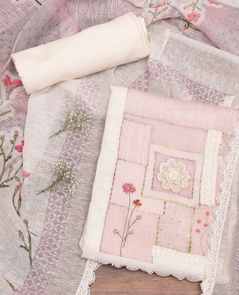 Off-White-Light Purple Kota Cotton Material Chudidar Set