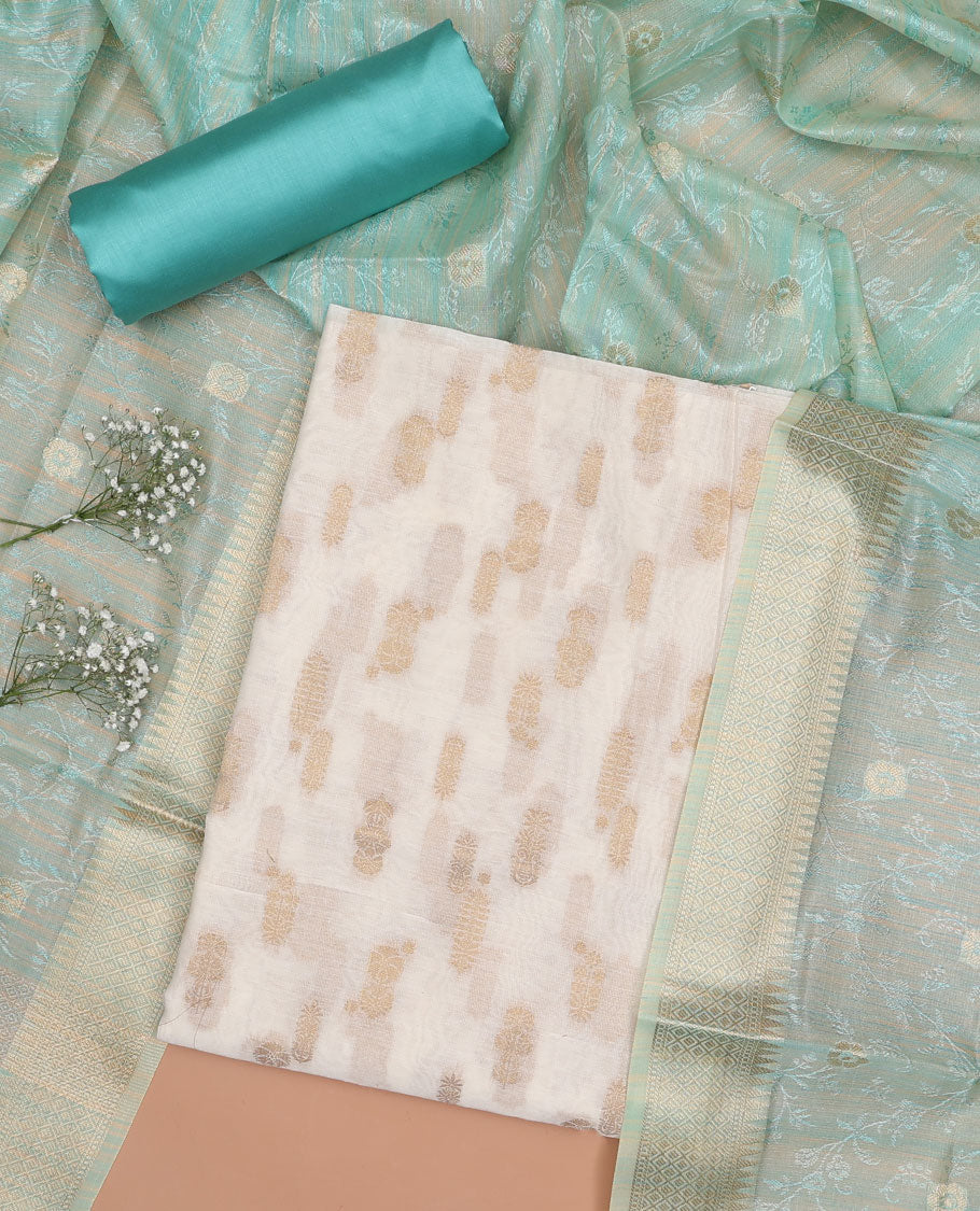 Cream chudidhar material set, foral motifs top , blue plain bottom & floral embroidered dupatta