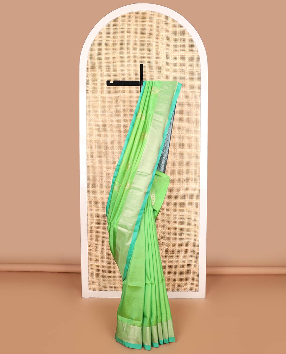 Light green floral buttas uppada saree with contrast zari border & striped, leaf design pallu