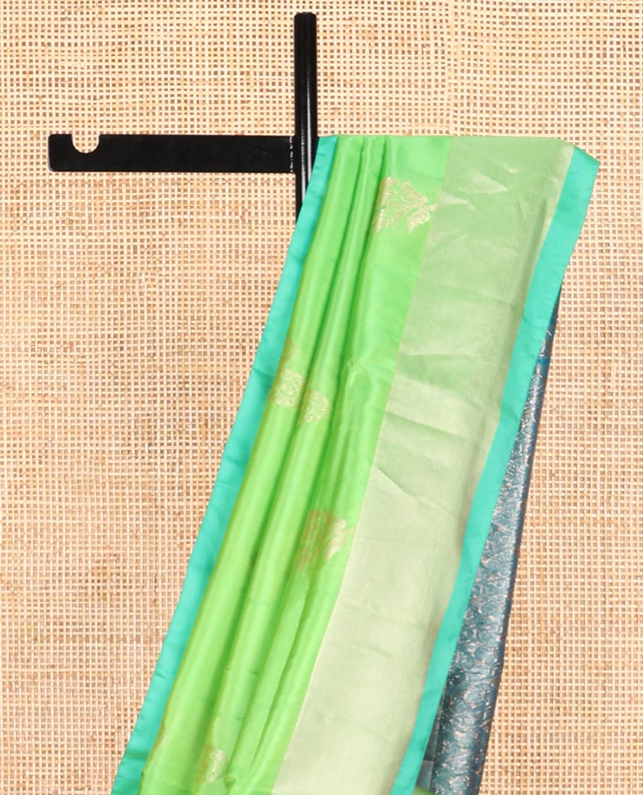 Light green floral buttas uppada saree with contrast zari border & striped, leaf design pallu