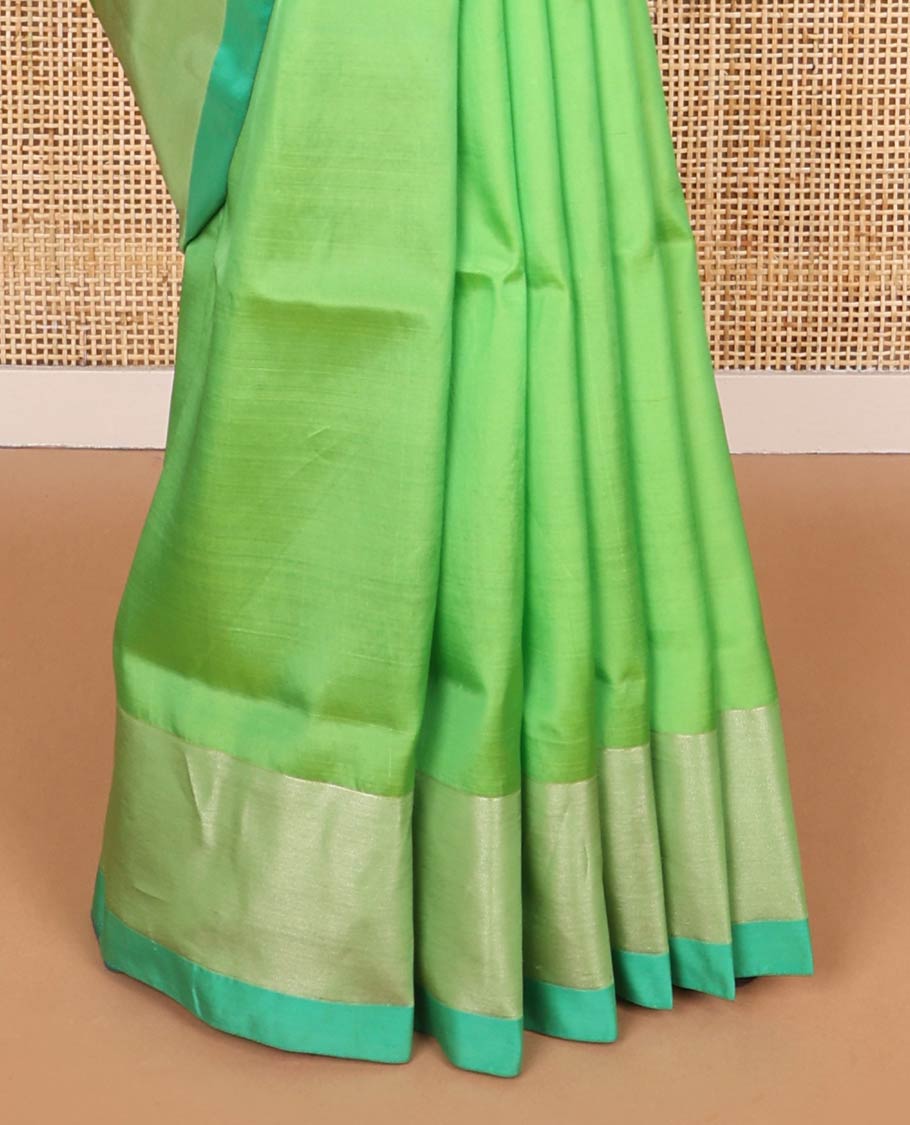 Light green floral buttas uppada saree with contrast zari border & striped, leaf design pallu
