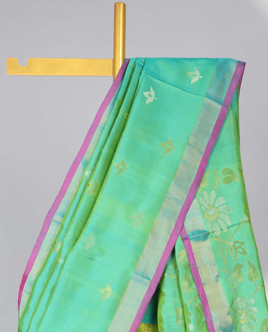 green floral motifs upadda silk saree with self zari border & floral vine design pallu