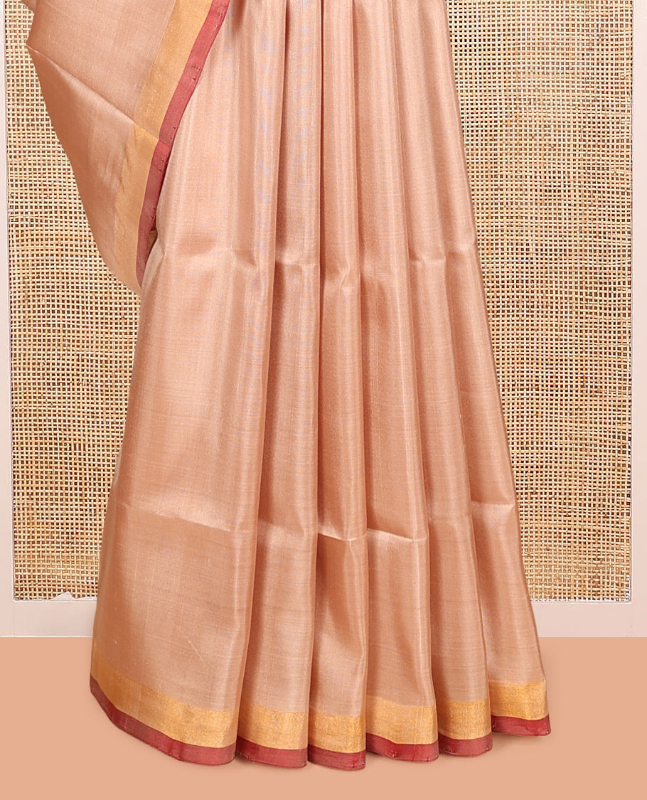 Peach Plain Uppada Silk Saree, Complemented by Contrast Bavanji Border, Plain Pallu and Contrast Blouse