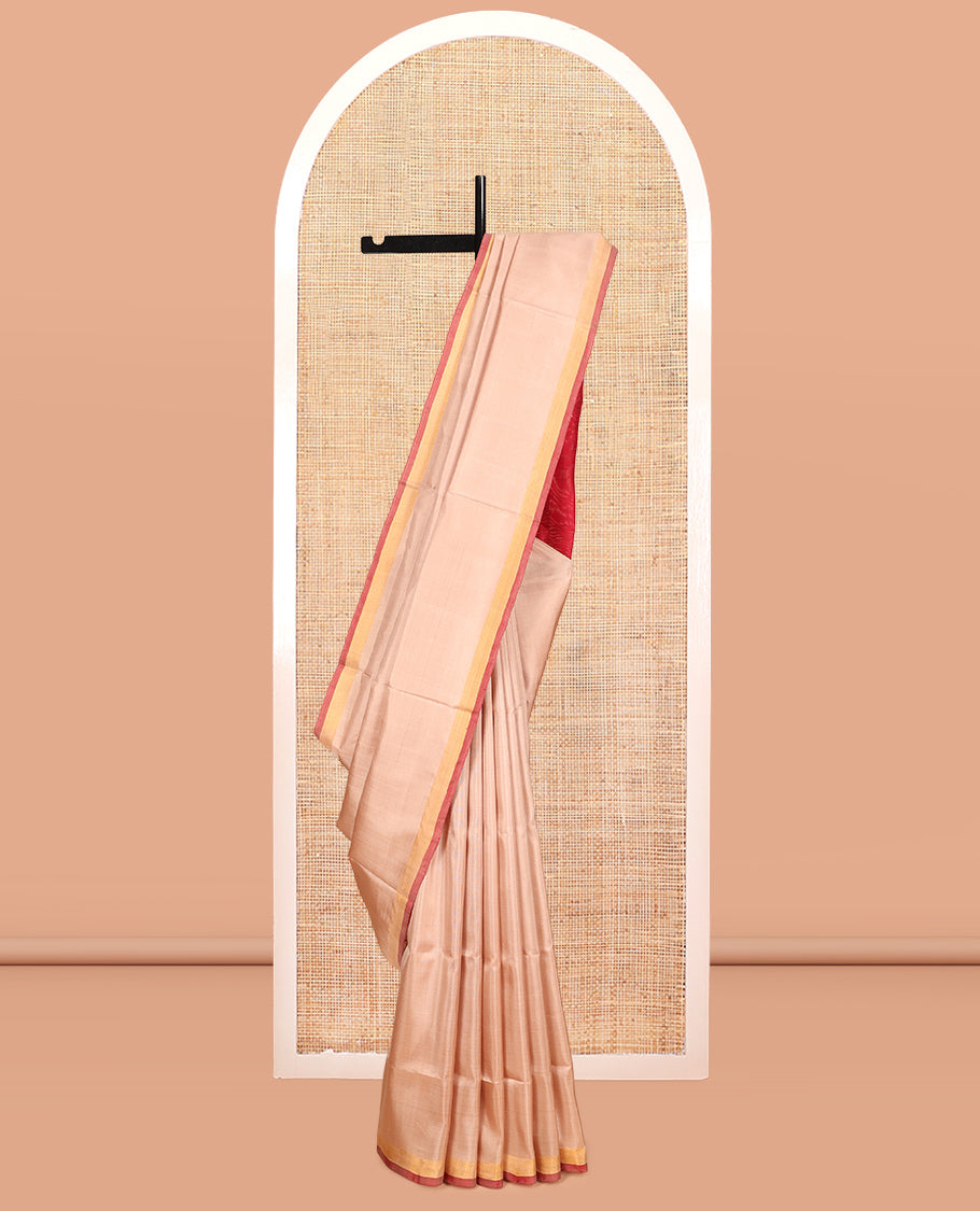 Peach Plain Uppada Silk Saree, Complemented by Contrast Bavanji Border, Plain Pallu and Contrast Blouse