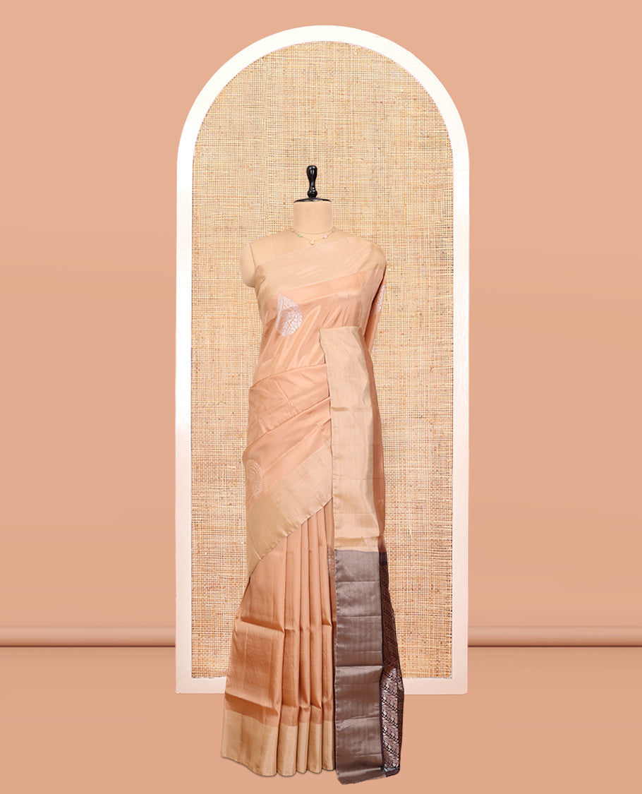 Sandal Uppada Saree, Accentuated with Floral Buttas, a Bavanji Border, Contrast Intricate Pallu, and a Contrast Blouse