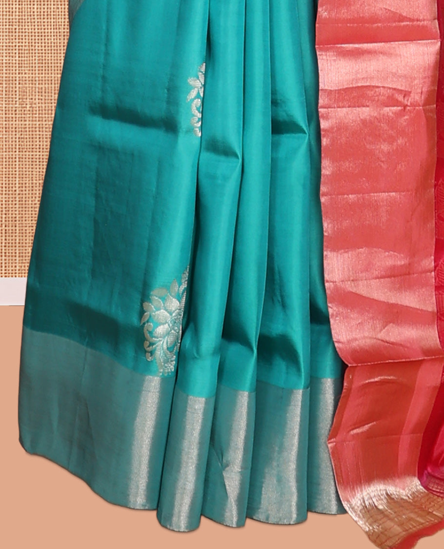 Blue Semi Uppada Saree, Highlighted with Zari Buttas, a Bavanji Border, Contrast Floral Pallu, and a Contrast Blouse