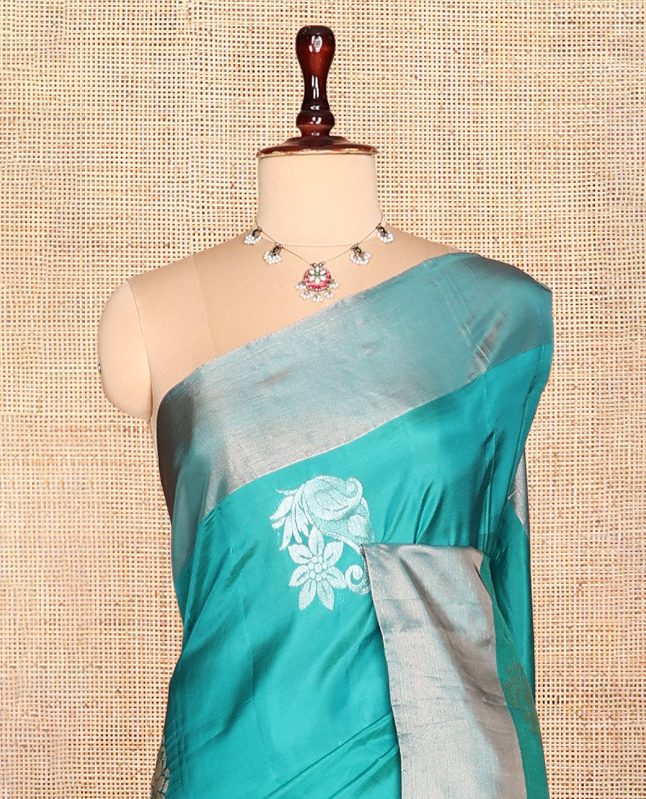 Blue Semi Uppada Saree, Highlighted with Zari Buttas, a Bavanji Border, Contrast Floral Pallu, and a Contrast Blouse