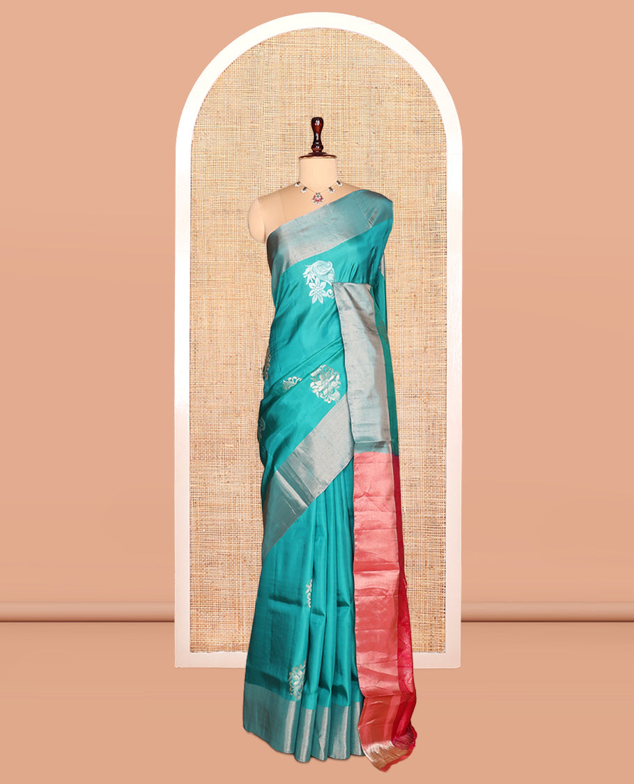 Blue Semi Uppada Saree, Highlighted with Zari Buttas, a Bavanji Border, Contrast Floral Pallu, and a Contrast Blouse
