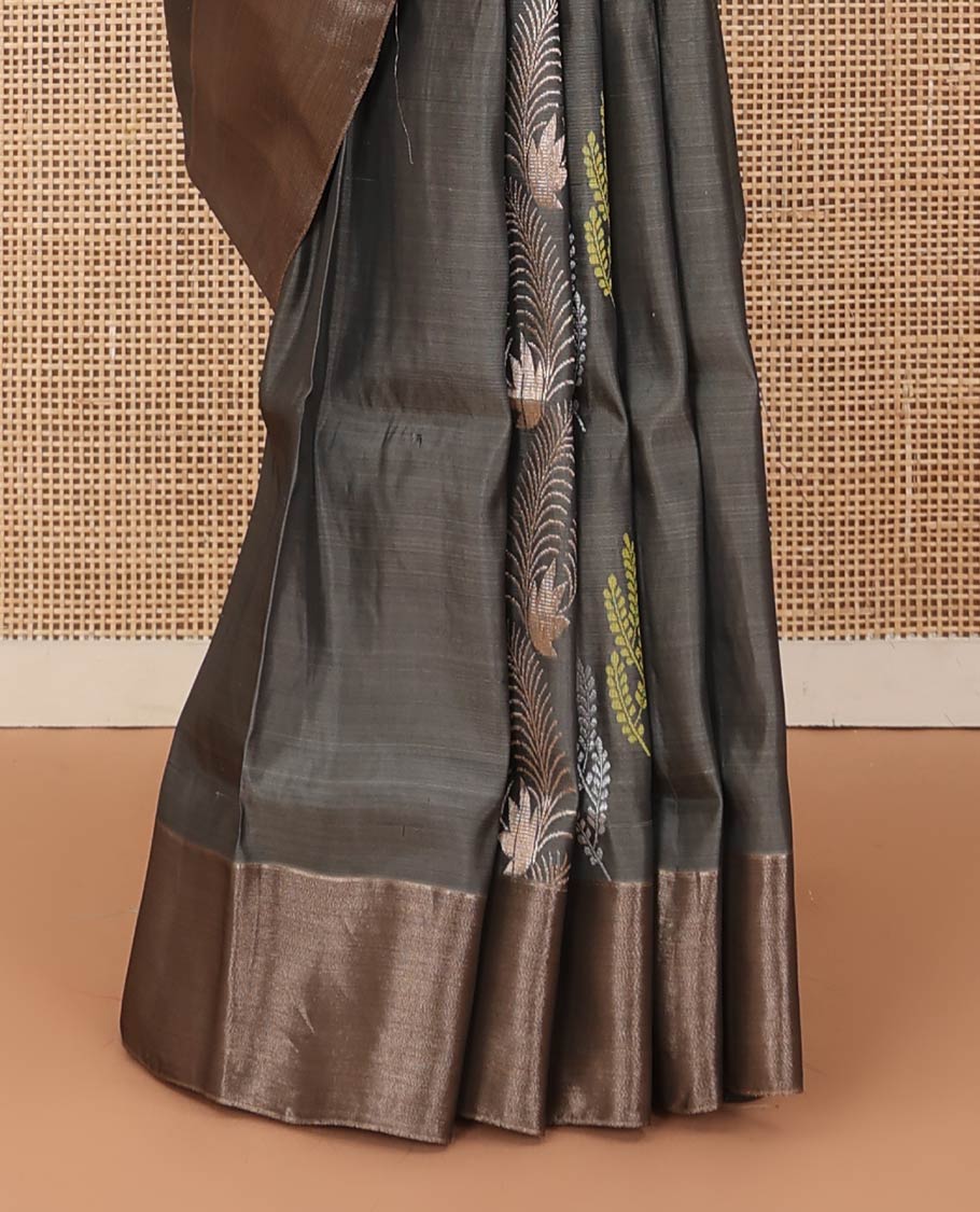 Grey zari buttas Uppada saree, bavanji border, and contrast jaal design pallu
