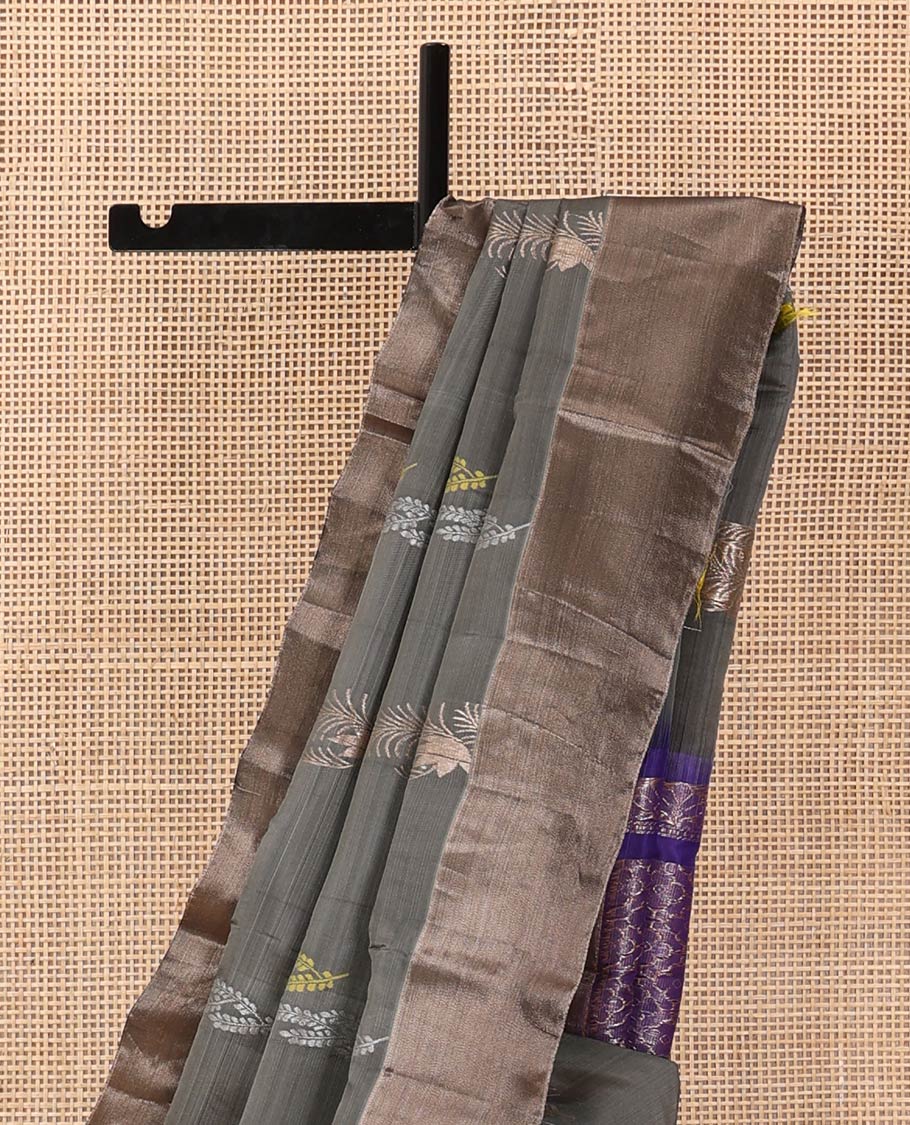 Grey zari buttas Uppada saree, bavanji border, and contrast jaal design pallu