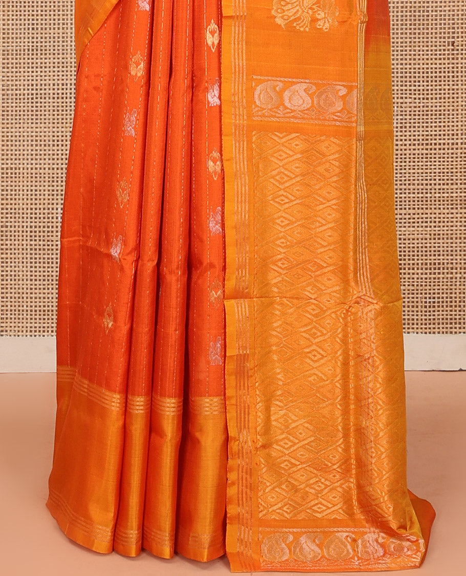 Orange Uppada Silk Saree Decked Up with Paisley and Peacock Buttas All Over Its Body, Complemented by Contrast Border of Peacock Designs, Sparsely Sparkled Pallu of Jaal Designs, and Paired with a Contrast Blouse