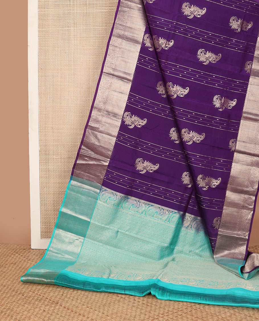 Purple striped, buttas vasundhara elite silk saree with contrast zari design border & jaal design pallu