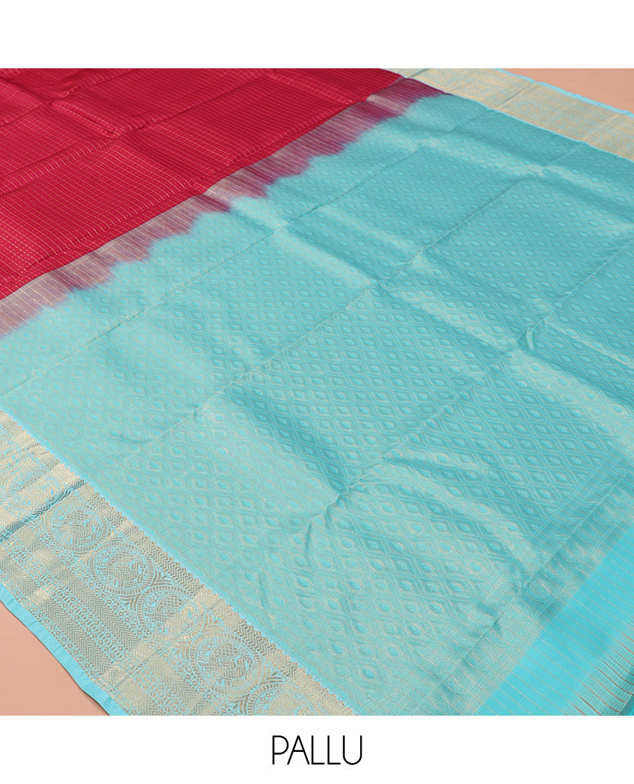 Red Striped Vasundhara Lite Silk Mix Saree, a Contrast Mayil Border, Grand Pallu, Contrast Blouse