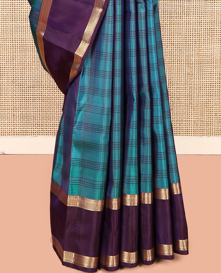 Blue Vasundhara Lite Silk Mix Saree, Embellished with Checks, Complemented by a Contrast Traditional Zari Rettai Pettu Border, Zari Design Pallu, and a Contrast Blouse