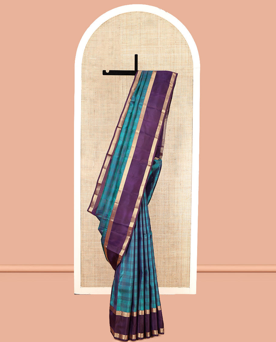 Blue Vasundhara Lite Silk Mix Saree, Embellished with Checks, Complemented by a Contrast Traditional Zari Rettai Pettu Border, Zari Design Pallu, and a Contrast Blouse