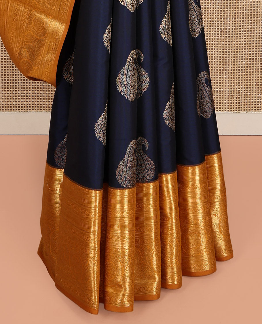 Blue Vasundhara Lite-Silk Mix Saree, Adorned with Manga Zari Buttas, Complemented by a Contrast Traditional Zari Border, Grand Pallu, and a Contrast Blouse