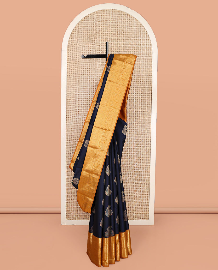Blue Vasundhara Lite-Silk Mix Saree, Adorned with Manga Zari Buttas, Complemented by a Contrast Traditional Zari Border, Grand Pallu, and a Contrast Blouse