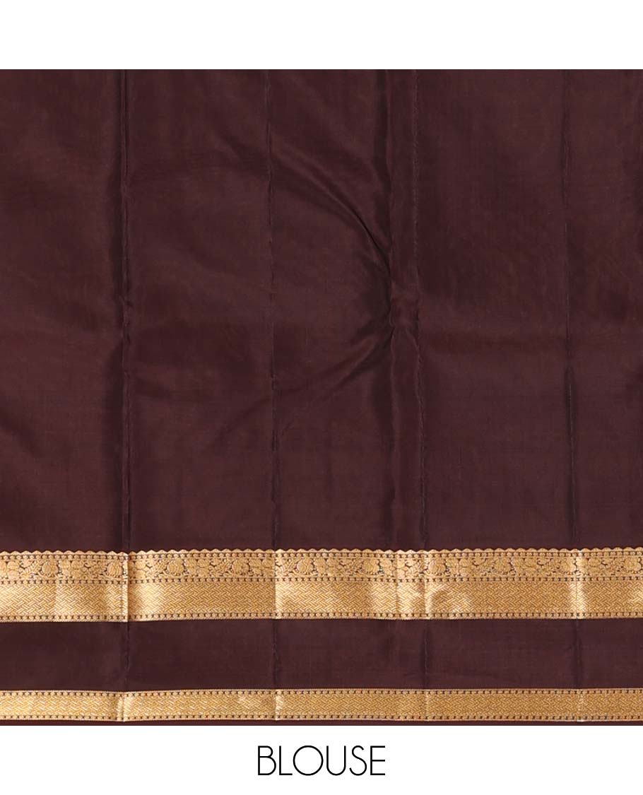 Burgundy zari buttas Vasundhara silk mix saree, contrast rettai pettu border of rekku, manga, kamalam, and paiyaadi kattam designs, and jaal pallu
