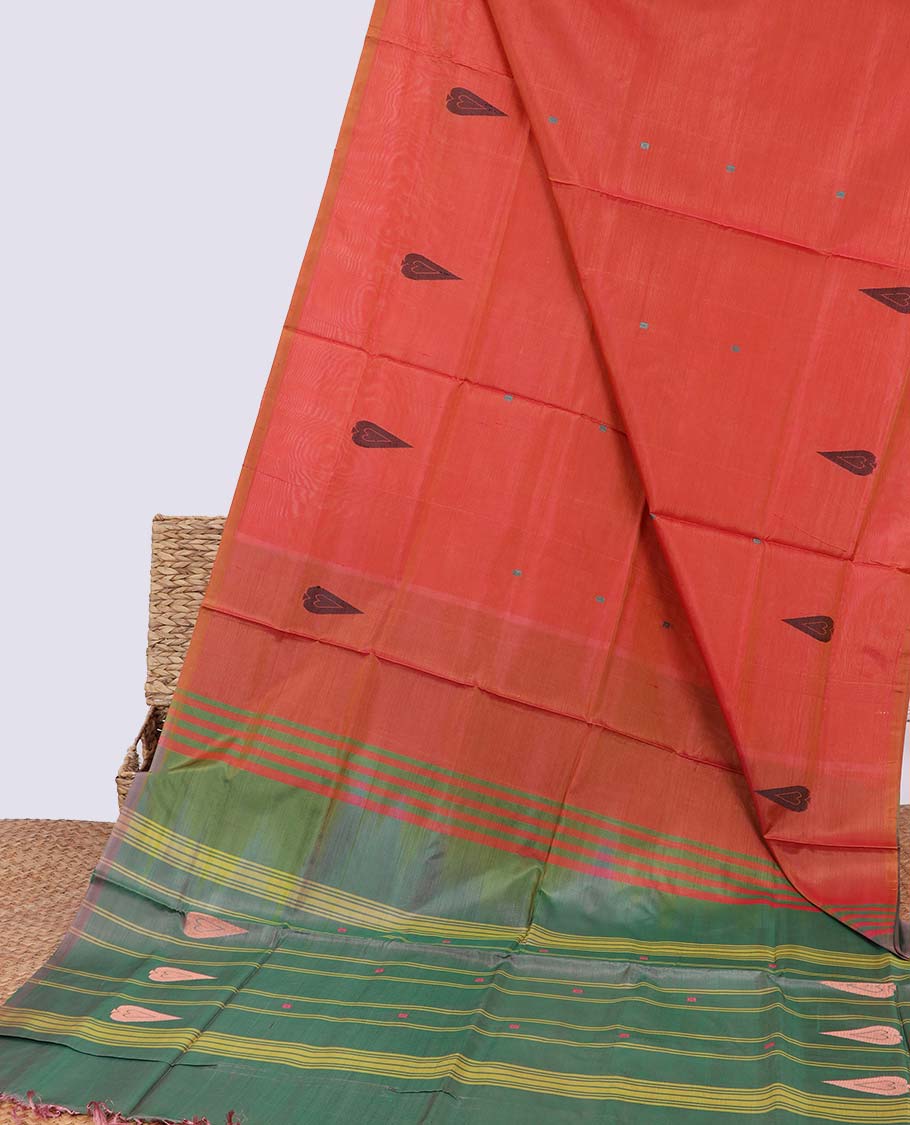 Borderless orange leaf motifs banana pith saree & striped ,leaf motifs pallu