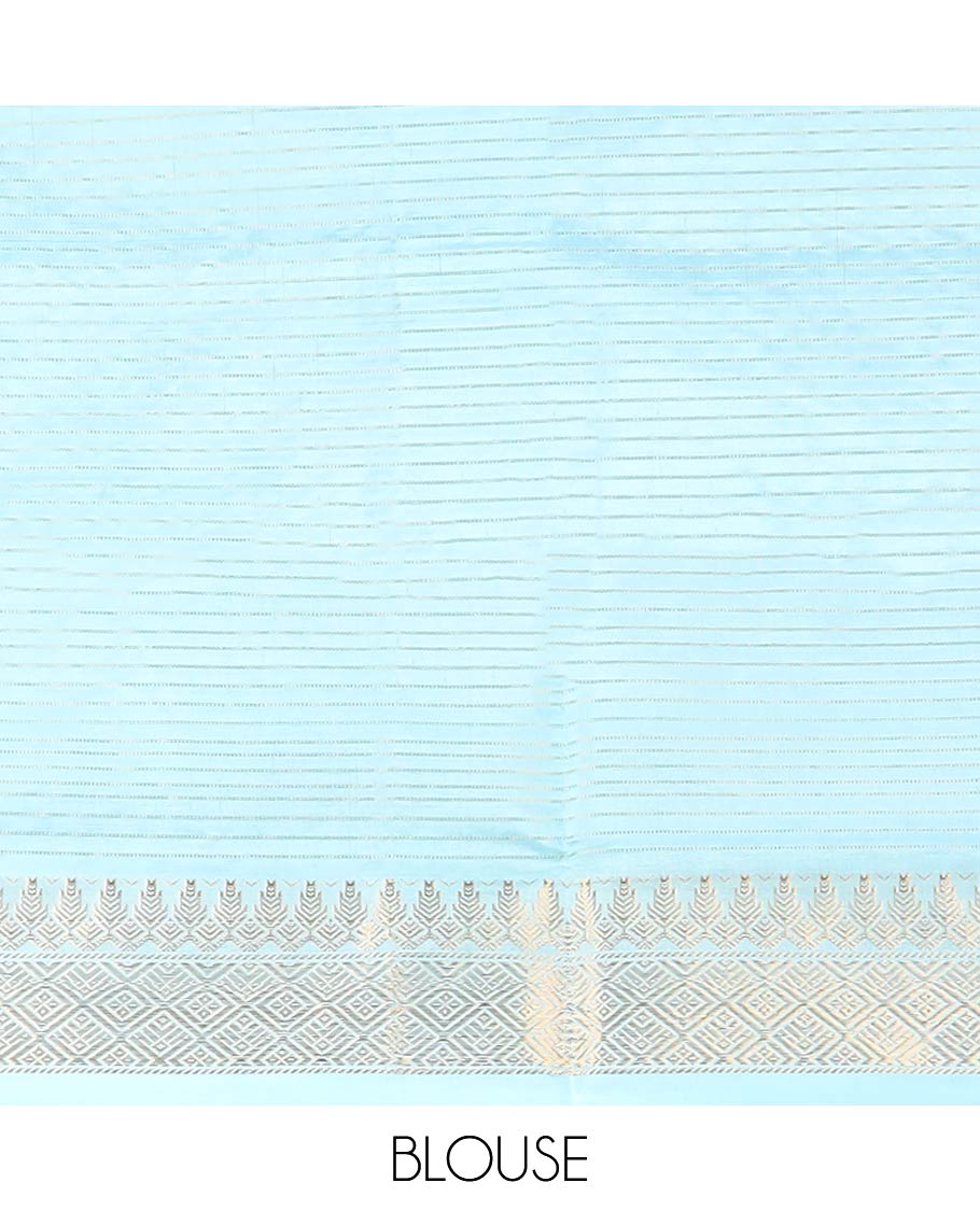 Blue striped banana pith saree with contrast geometric zari design border & checked pallu