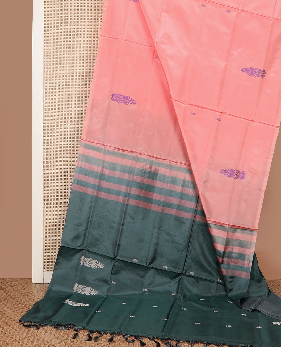 Borderless peach buttas Banana pith saree, contrast pallu of buttas