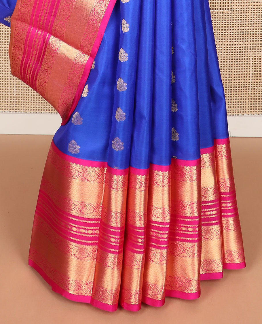 Blue floral buttas silk saree with contrast border of kodi visiry, banaras, paun design & striped floral design pallu