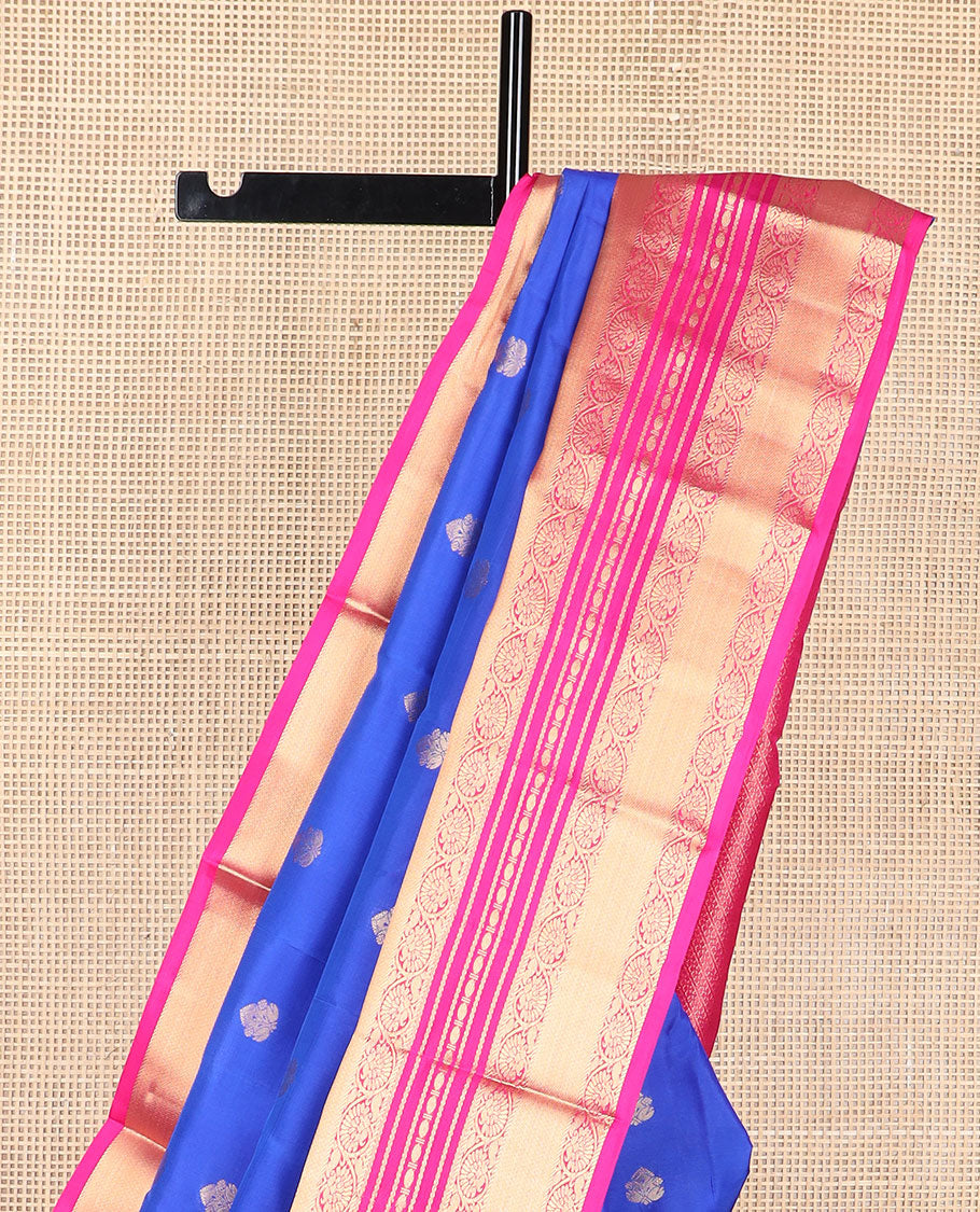Blue floral buttas silk saree with contrast border of kodi visiry, banaras, paun design & striped floral design pallu