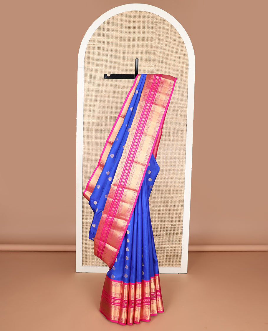 Blue floral buttas silk saree with contrast border of kodi visiry, banaras, paun design & striped floral design pallu