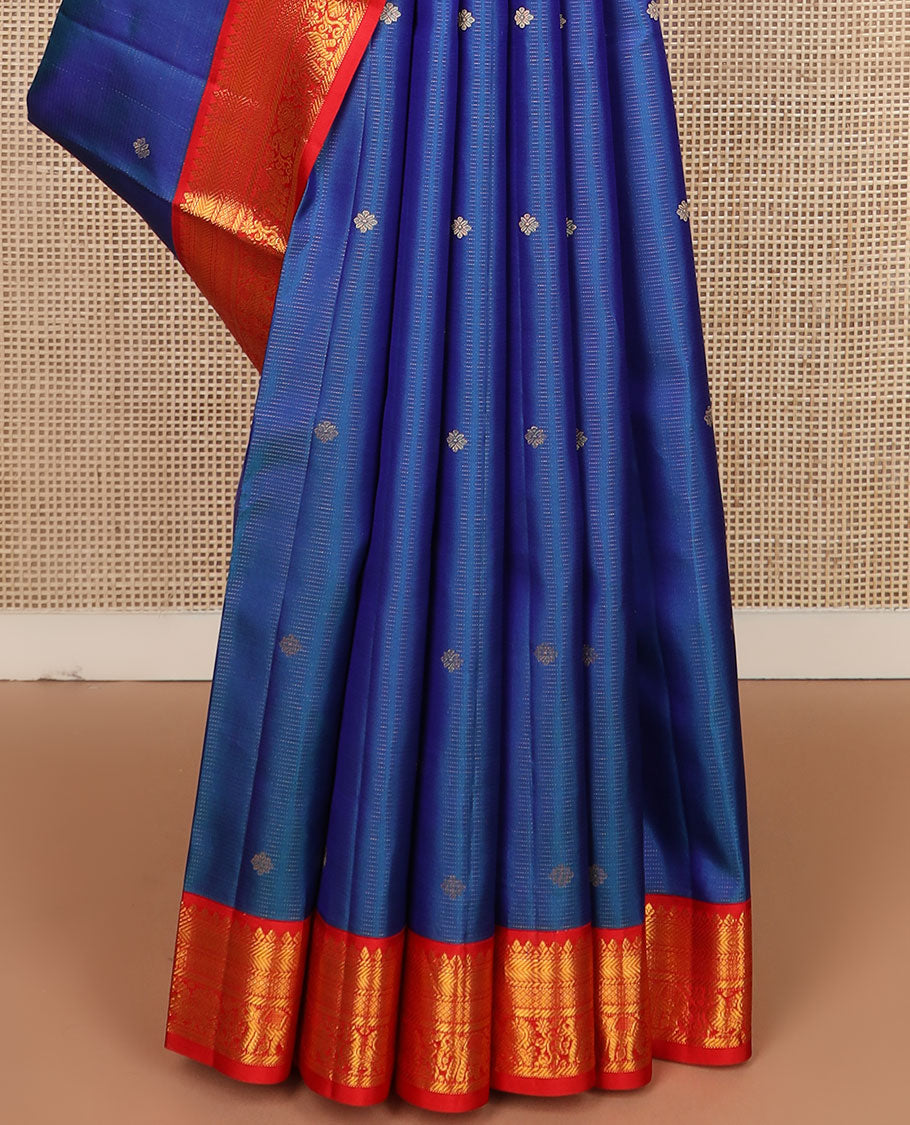 Blue zari buttas silk saree, contrast border of thilakam,banaras,kathir,jaal, yaanai & mayil & jaal pallu