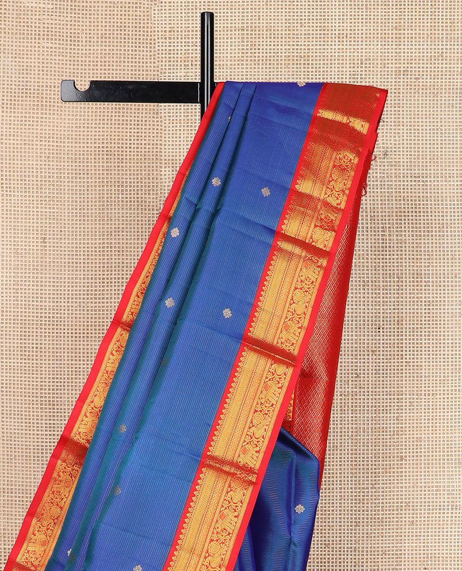 Blue zari buttas silk saree, contrast border of thilakam,banaras,kathir,jaal, yaanai & mayil & jaal pallu