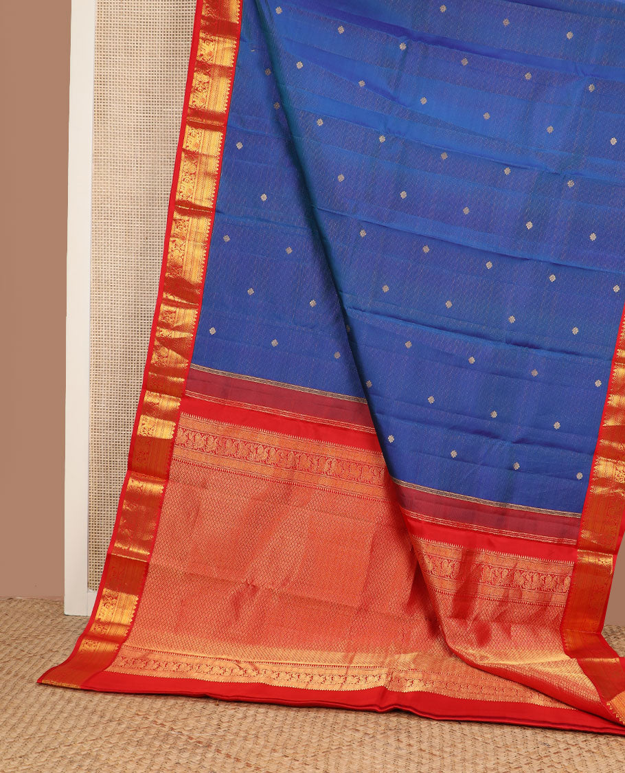 Blue zari buttas silk saree, contrast border of thilakam,banaras,kathir,jaal, yaanai & mayil & jaal pallu