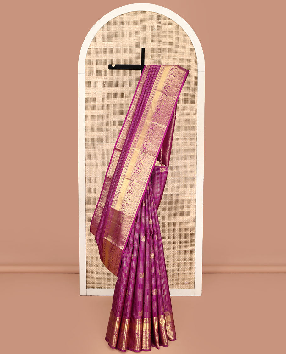 Purple Vasundhara Silk Saree, Dazzled with Zari Buttas and Zari Checks All Over Its Body, Highlighted by a Zari Border of Banaras, Muthu, Star Vanki, Manga, Kuthirai, and Yaanai Designs, Intricately Designed Pallu, and Paired with a Matching Blouse