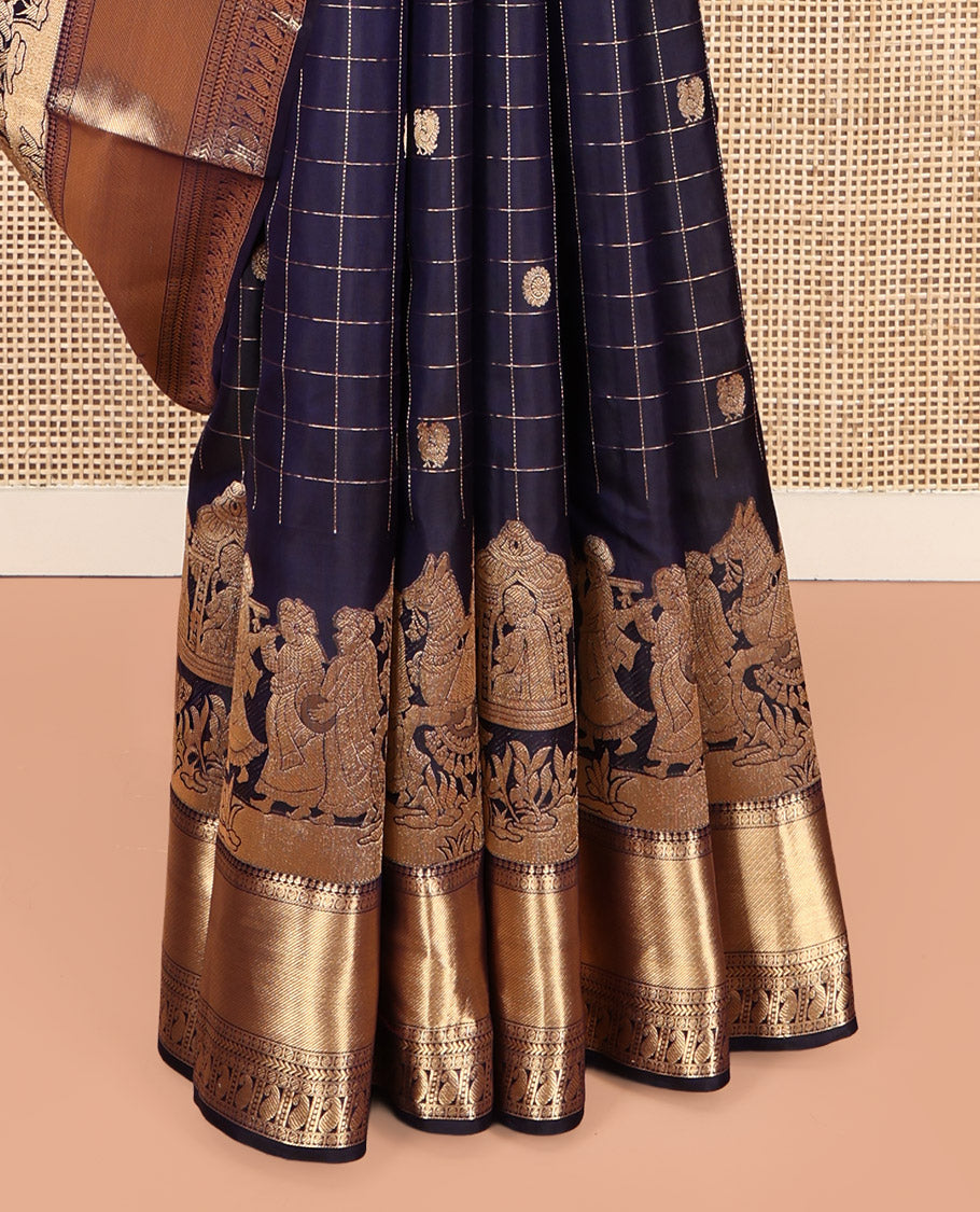 Blue Vasundhara Silk Saree, Ornamented with Mayil-Chakram Buttas and Checks, Highlighted by a Zari Border of Wedding-Themed Motif Weave, Grand Jaal Pallu, and a Matching Blouse