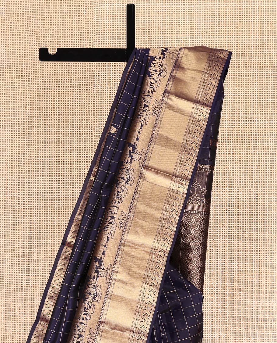 Blue Vasundhara Silk Saree, Ornamented with Mayil-Chakram Buttas and Checks, Highlighted by a Zari Border of Wedding-Themed Motif Weave, Grand Jaal Pallu, and a Matching Blouse