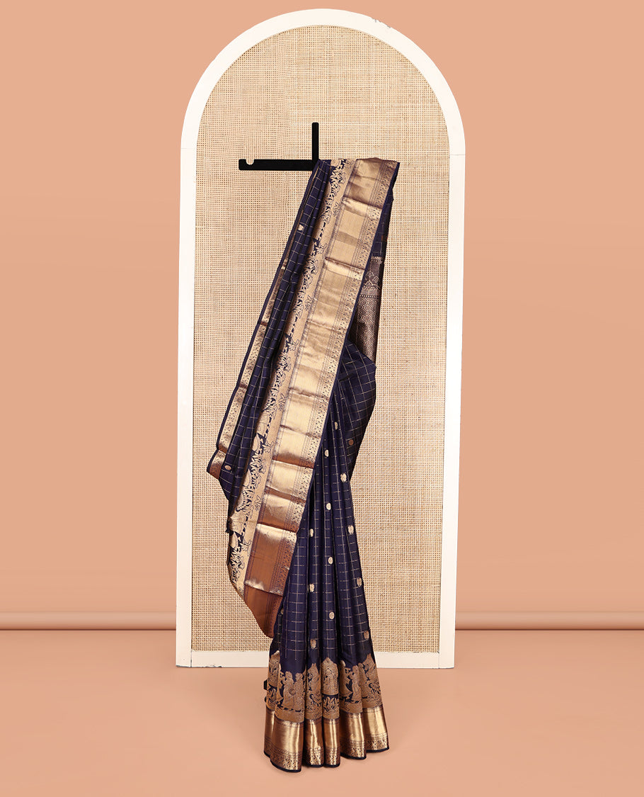 Blue Vasundhara Silk Saree, Ornamented with Mayil-Chakram Buttas and Checks, Highlighted by a Zari Border of Wedding-Themed Motif Weave, Grand Jaal Pallu, and a Matching Blouse